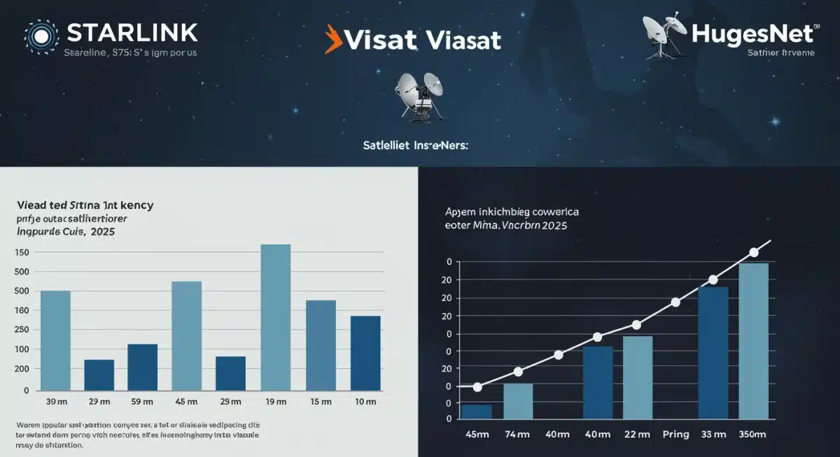 Infographic comparing Starlink, Viasat, and HughesNet performance metrics for 2025.