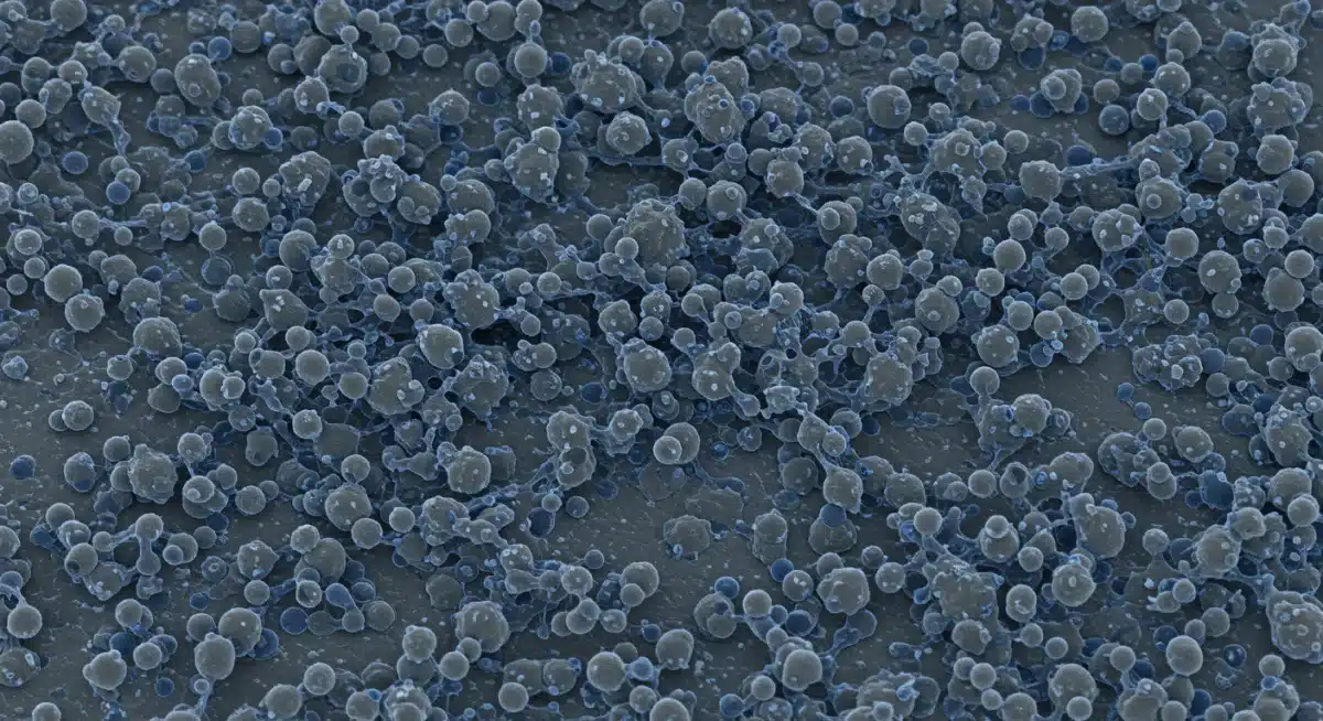 Microscopic view of silicon anode battery material.