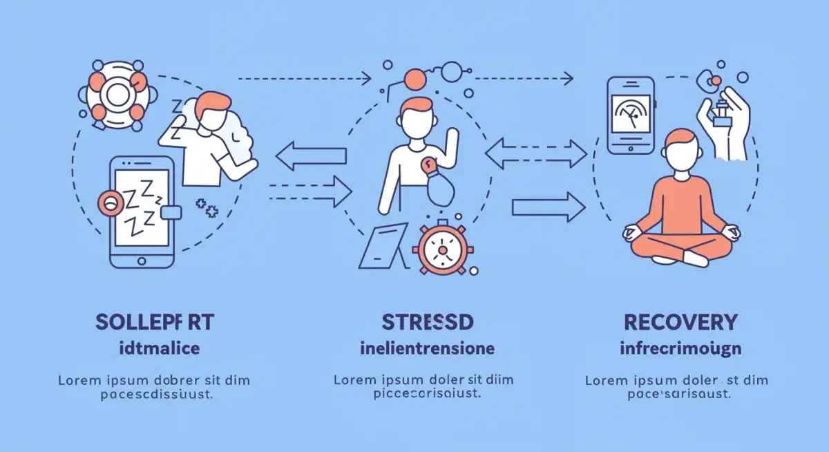 Infographic showing sleep, stress, and recovery interconnectedness monitored by wearables.