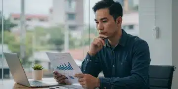 Small business owner analyzing financial data on a laptop, with charts and graphs, representing the impact of 2025 Fed rate hikes on lending.