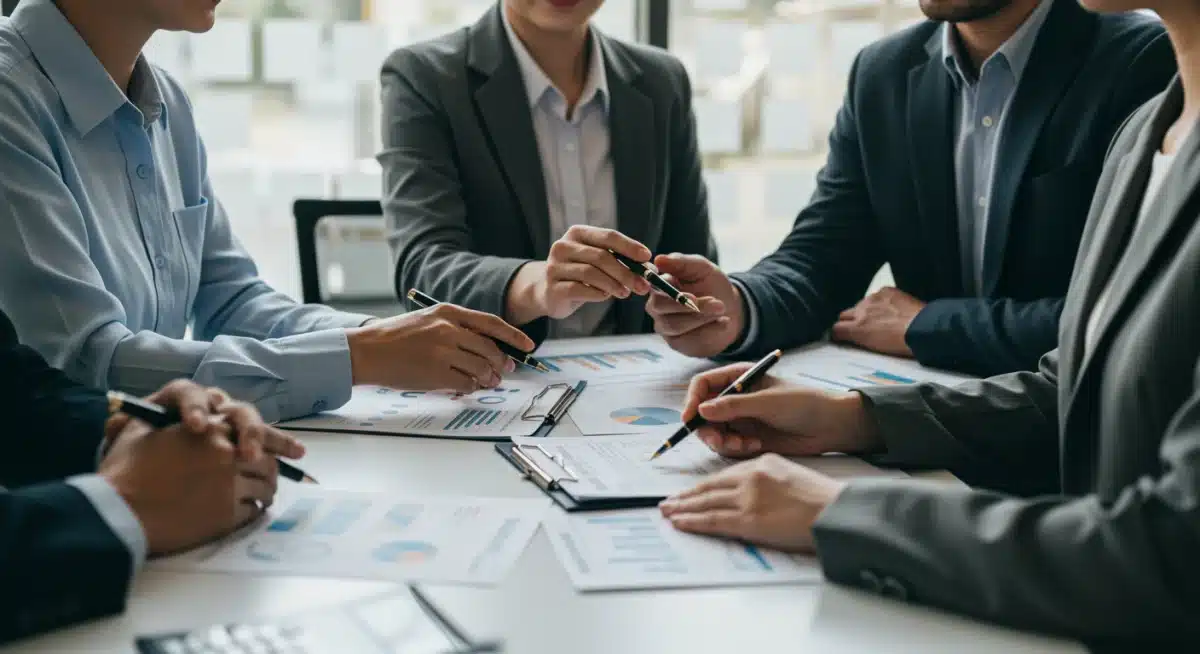 Diverse small business owners collaborating on financial strategies, adapting to economic changes and seeking expert advice.