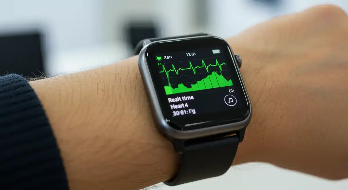 Smartwatch displaying real-time heart rate variability data.