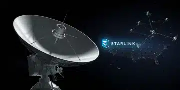 Starlink satellite dish connecting to orbiting satellites over the US, symbolizing high-speed internet in 2025.