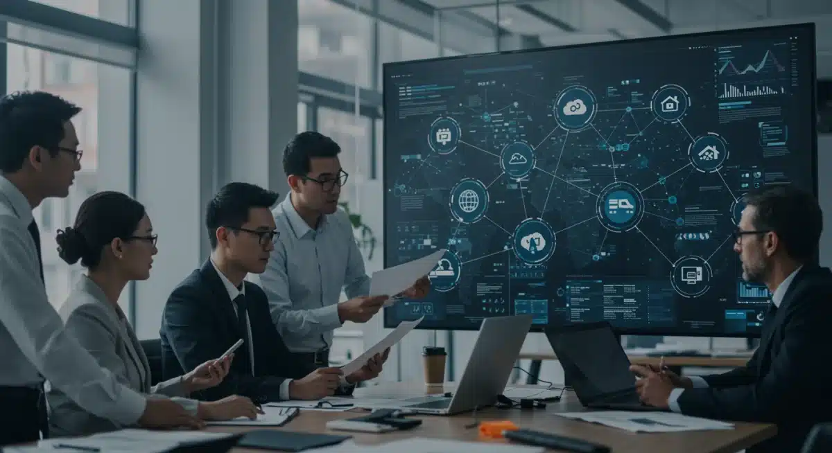 Business team collaborating on strategic supply chain planning.