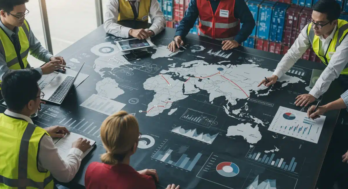 Supply chain team collaborating on dynamic risk management strategies and logistics optimization.