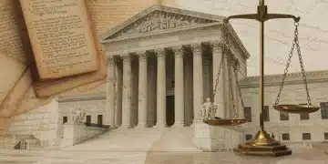 United States Supreme Court building with legal symbols, representing upcoming 2025 docket decisions.