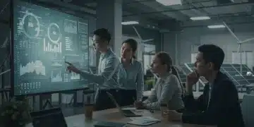 Professionals analyzing sustainable investment data in a modern green office