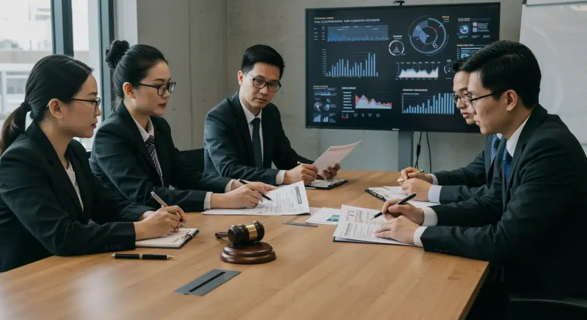 Tech professionals and legal experts strategizing about data privacy law compliance in a modern meeting room.