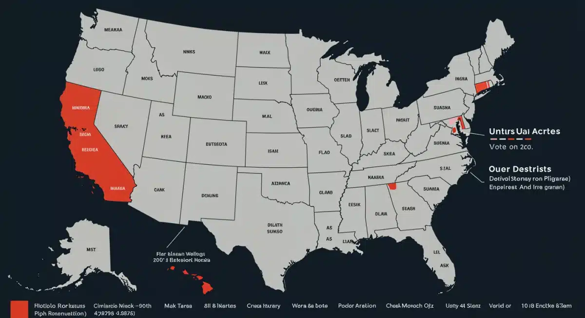 Electoral map of US, showing states with upcoming political contests and shifts.