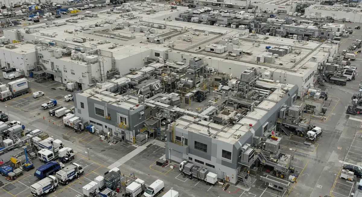 Modern semiconductor fabrication plant in the US, highlighting domestic manufacturing efforts.