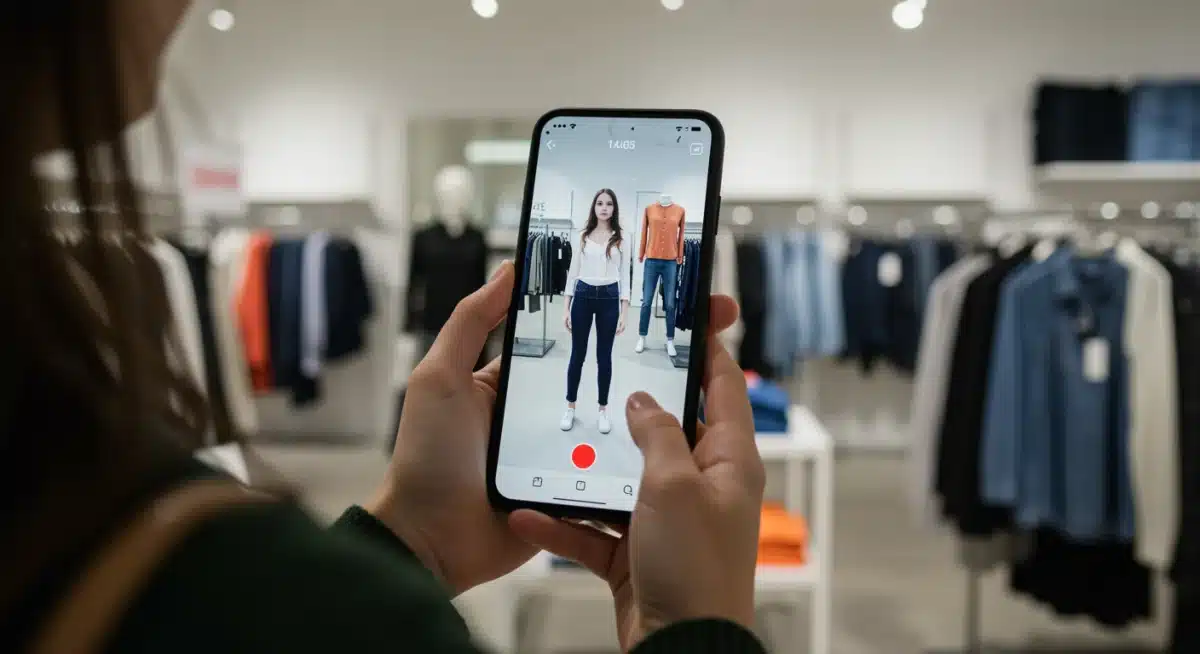 Customer virtually trying on apparel using augmented reality mobile application in a retail store.