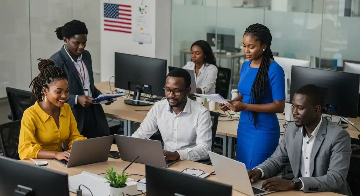 African professionals collaborating in a modern tech office, highlighting digital economy growth.