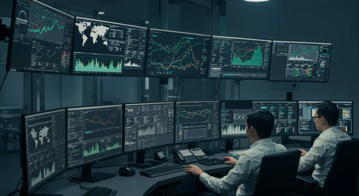Cybersecurity analysts monitoring threat intelligence in a security operations center.