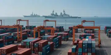 Shipping containers at a major port with naval ships in background, representing South China Sea supply chain risks.