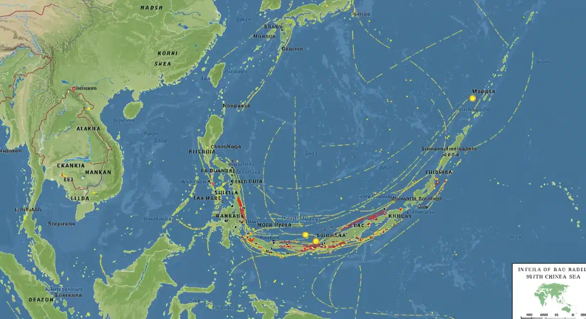 Map illustrating contested territories and shipping lanes in the South China Sea dispute.