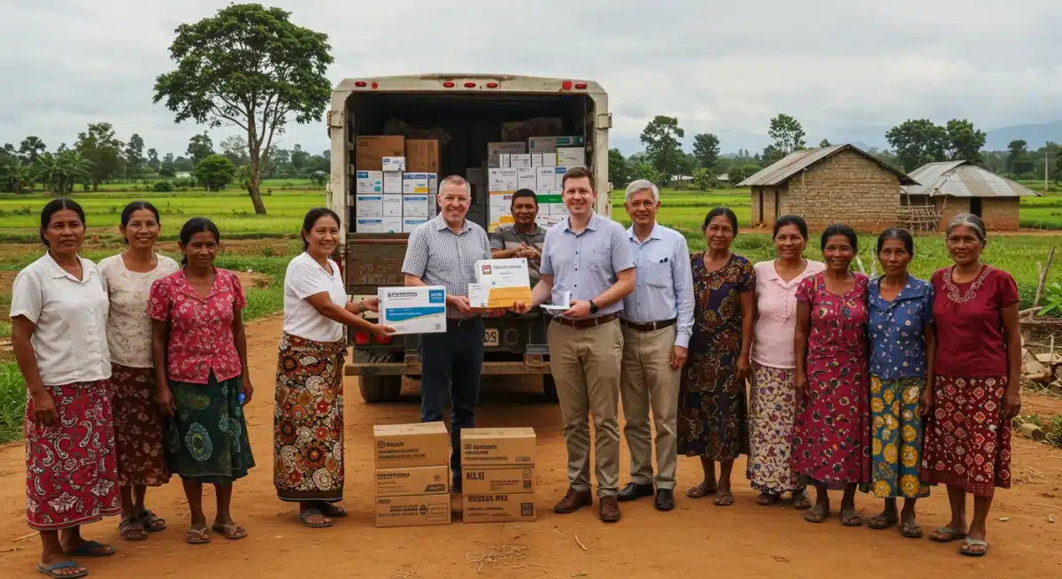 Community receiving humanitarian aid, symbolizing program effectiveness.