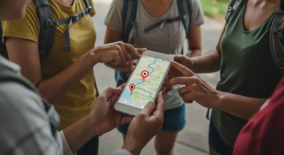 Travelers planning route to avoid conflict zones on a map