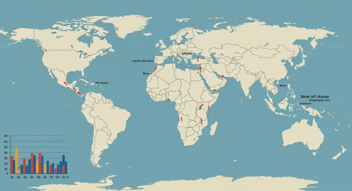 Global oil shipping lanes map, highlighting Middle East choke points and supply routes.