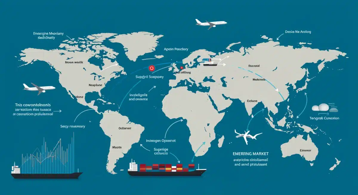 Interconnected global supply chains linking the US to key emerging markets, illustrating trade routes and logistics.