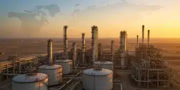 Oil refinery at sunrise with Middle East map overlay, symbolizing geopolitical impact on energy.