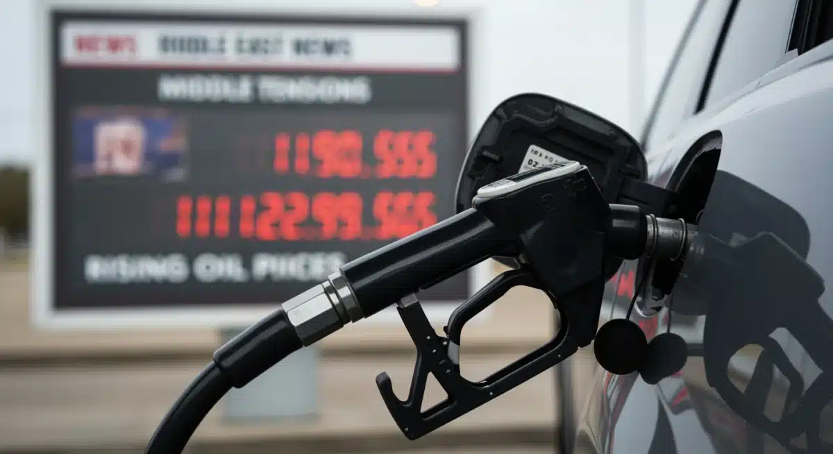 Gas pump display showing rising prices, background hints at Middle East tensions.