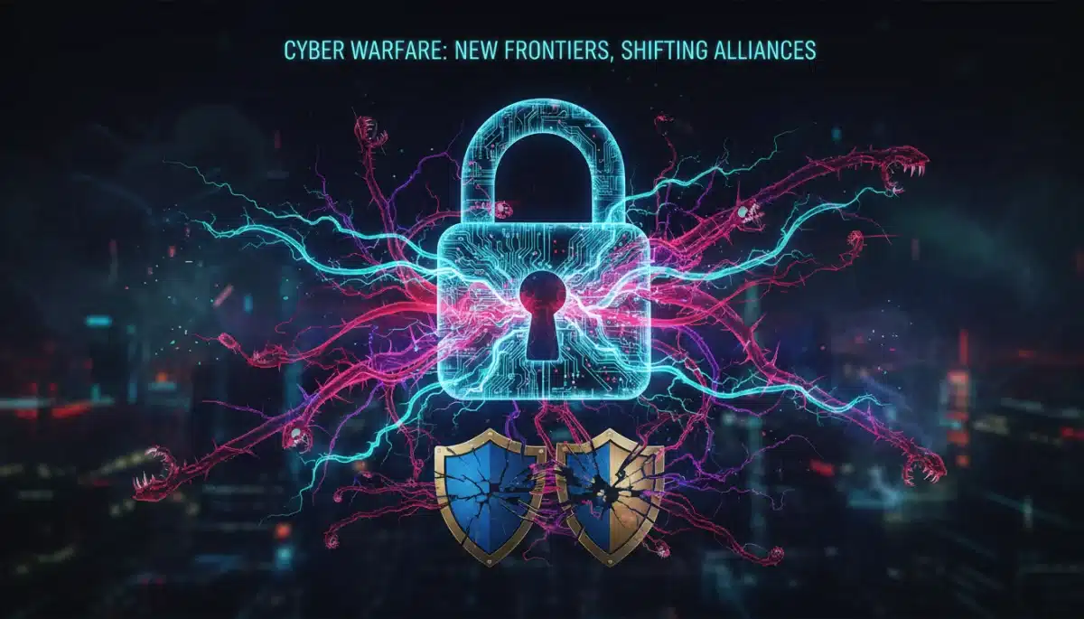 Digital lock with data streams, symbolizing cybersecurity threats to NATO infrastructure.