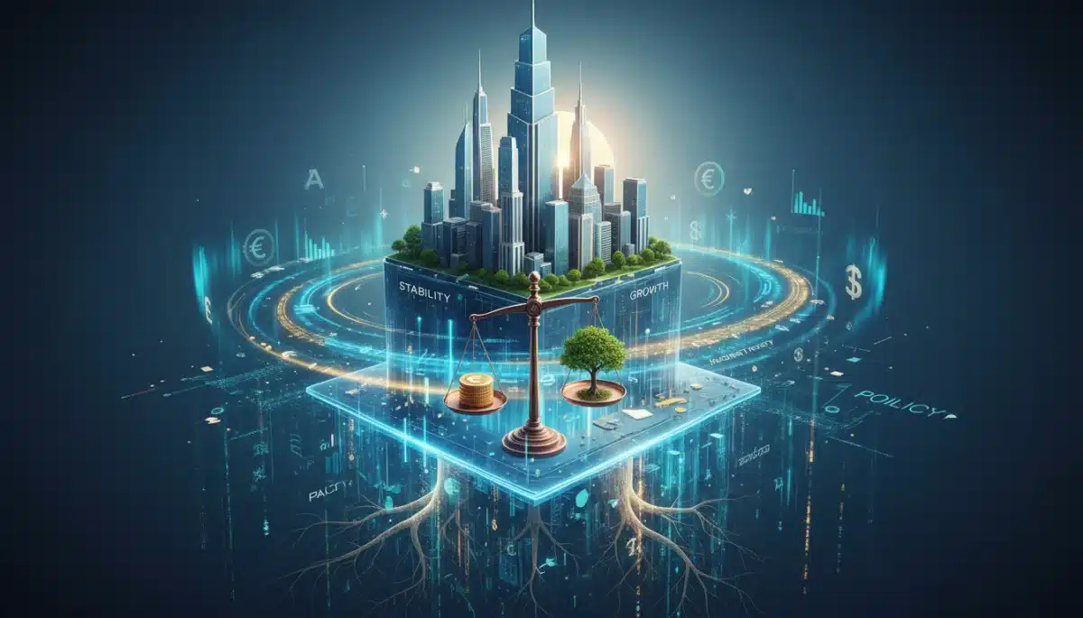 Conceptual image of economic stability and growth, balanced scales, and a cityscape, representing future economic environment.