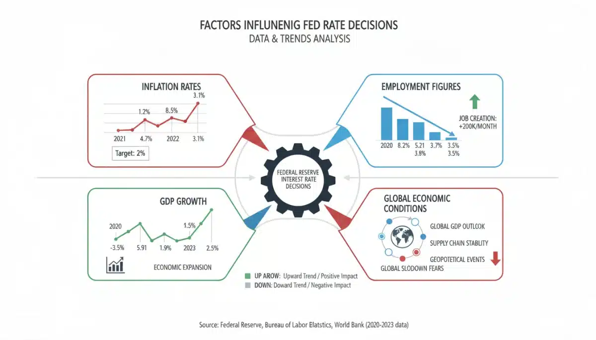 Infographic showing factors influencing Federal Reserve interest rate decisions: inflation, employment, GDP.