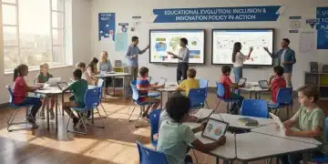 Students and teachers collaborating in a modern classroom, symbolizing educational reform.
