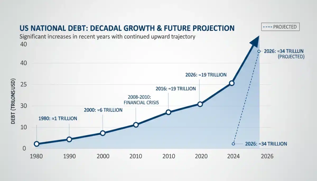 Historical chart showing the dramatic increase in US national debt leading up to 2026.