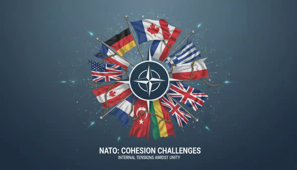 Converging national flags of NATO members, depicting alliance unity and internal cohesion issues.