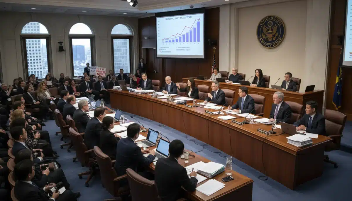 Economists and policymakers discussing strategies for managing the US national debt.