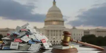 Gavel, money, and ballots representing campaign finance reform discussions.