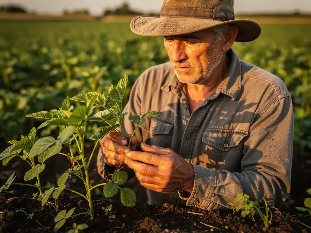 Farmer inspecting crops, symbolizing direct policy impact on producers