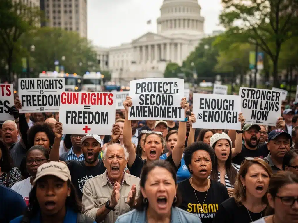 Protestors at a rally discussing gun control policies