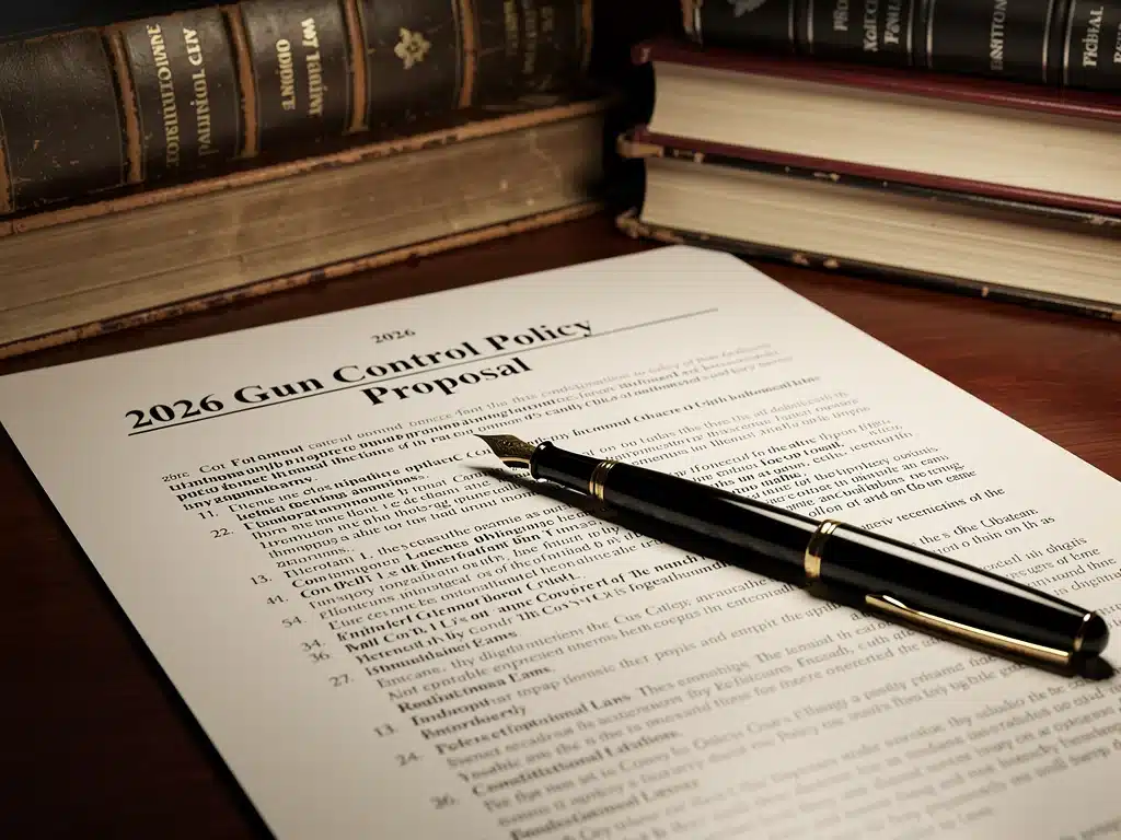 Legislative document and pen for gun policy proposals