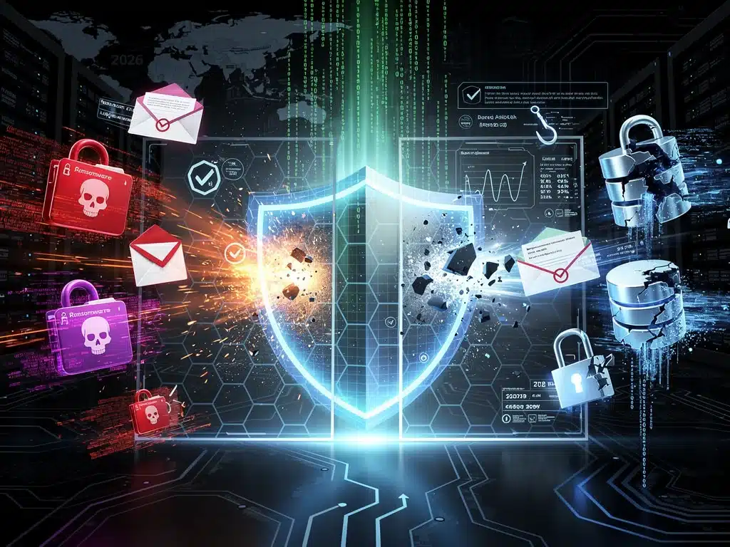 Cyber threats like ransomware and phishing blocked by a digital firewall, illustrating proactive defense.