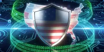 Digital shield protecting the USA from cyber threats, representing US government cybersecurity updates and policies.