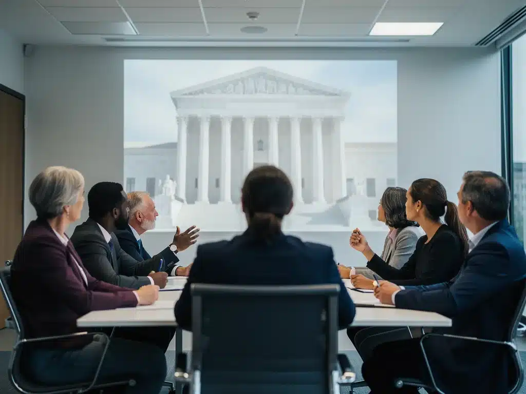 Diverse citizens discussing Supreme Court decisions and their societal impact