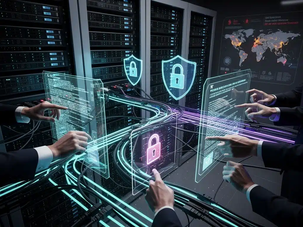 Complex data network secured by collaborative hands, symbolizing advanced cybersecurity defense strategies.