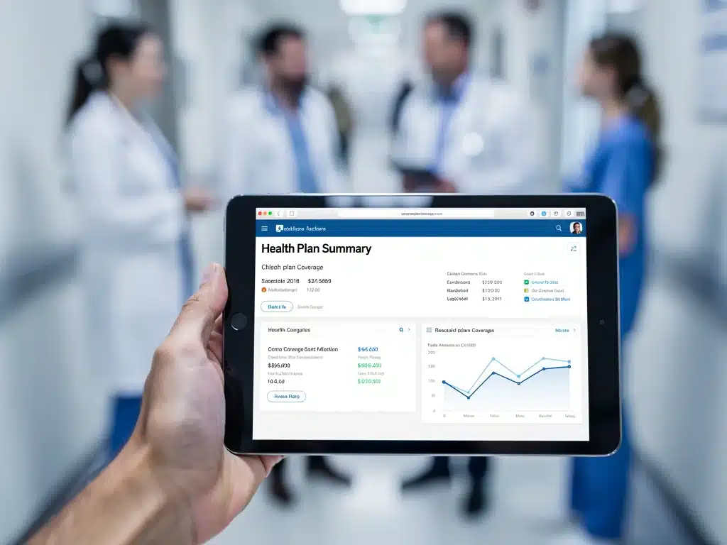 Digital healthcare plan overview on a tablet, emphasizing accessibility and detailed information.