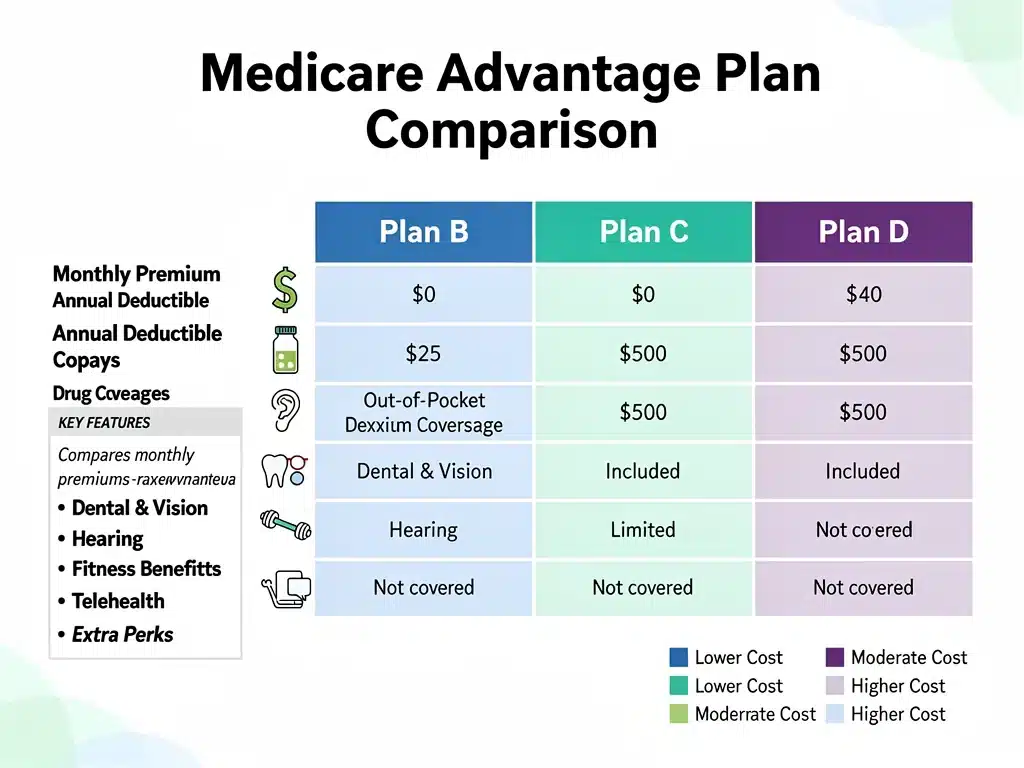 Comparison chart showing Medicare Advantage premiums, provider networks, prescription coverage and out-of-pocket costs