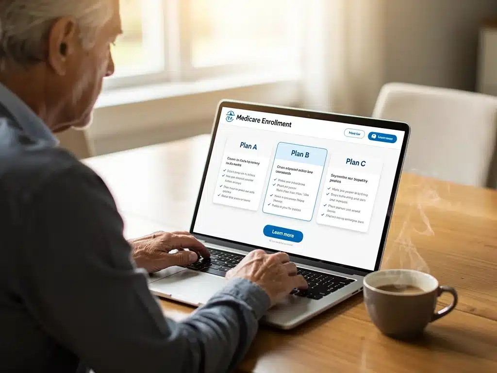 Medicare beneficiary researching Medicare Advantage plan costs, networks and enrollment information online