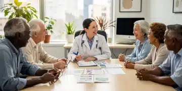 Seniors discussing new Medicare Advantage plans with a healthcare advisor