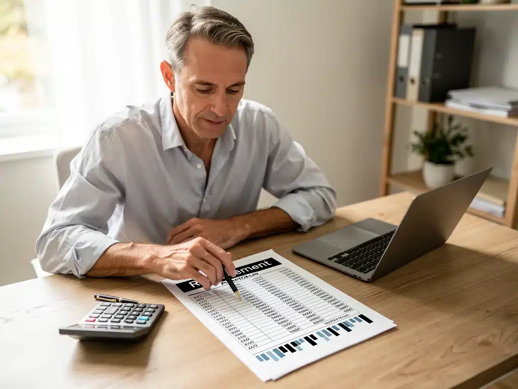 Person reviewing retirement portfolio and financial statements for future planning.