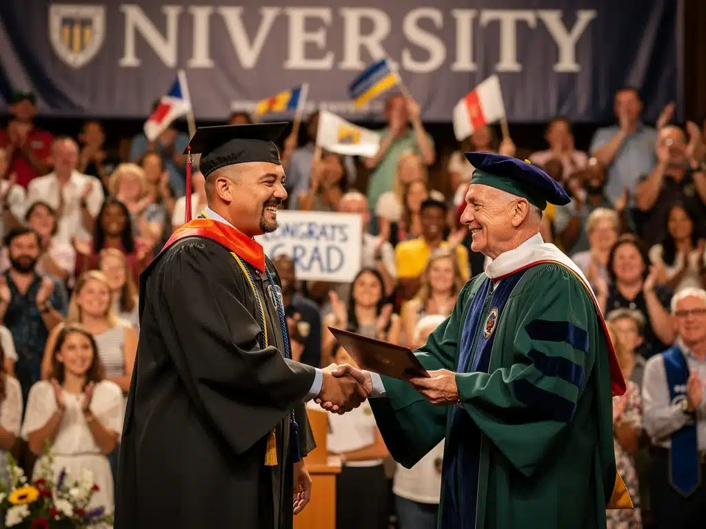Veteran graduate shaking hands with dean, celebrating educational achievement.