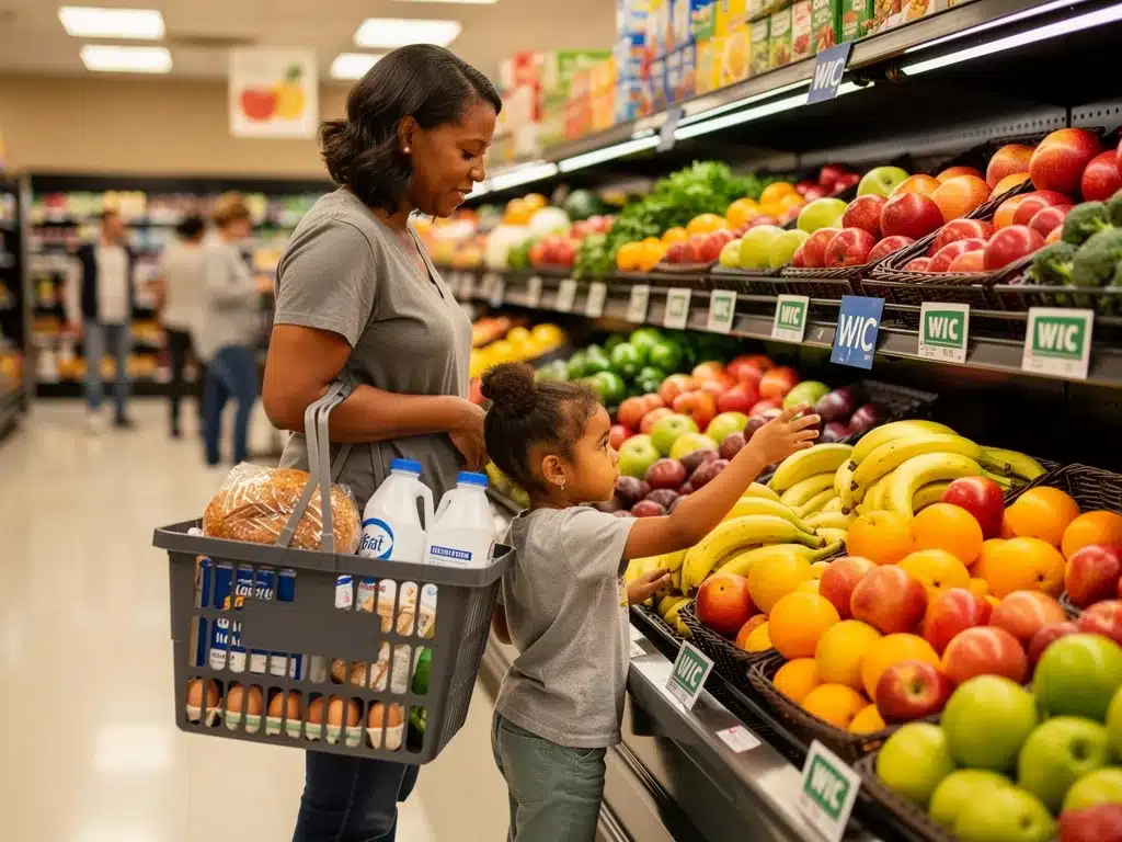 Parent and child selecting WIC-approved healthy foods