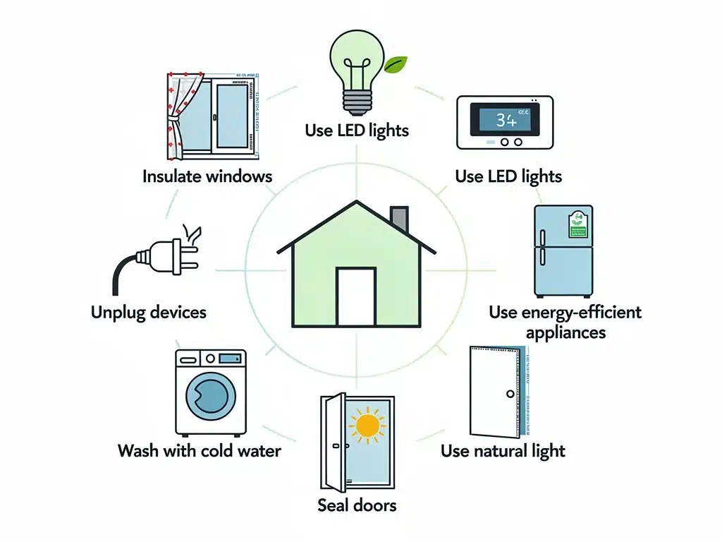 Infographic showing practical home energy-saving measures.