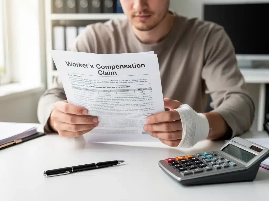 Injured worker reviewing workers' compensation claim documents.