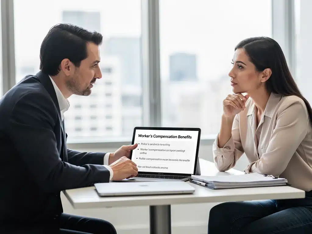 Legal advisor explaining workers' compensation benefits and claim procedures to an employee.